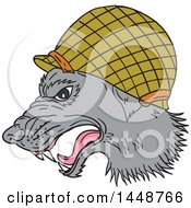 Poster, Art Print Of Sketched Drawing Styled Grey Wolf Head In Profile Wearing A Wwii Helmet