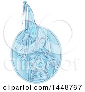 Poster, Art Print Of Sketched Drawing Styled Joan Of Arc Holding A Flag In Blue Tones