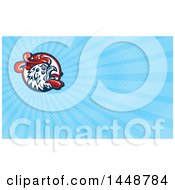 Clipart Of A Retro Rooster Head Crowing In A Circle And Blue Rays Background Or Business Card Design Royalty Free Illustration