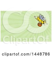 Poster, Art Print Of Waving Bee Flying With A Basket Of Bread And Green Rays Background Or Business Card Design
