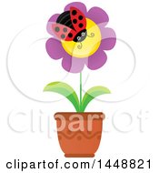Clipart Of A Ladybug On A Purple Potted Flower Royalty Free Vector Illustration