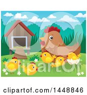 Clipart Of A Hen And Chicks By A Coop Royalty Free Vector Illustration