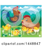 Clipart Of A Rooster Hen And Chicks Royalty Free Vector Illustration