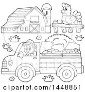 Poster, Art Print Of Black And White Lineart Farmer Driving A Truck Chicken And Barn