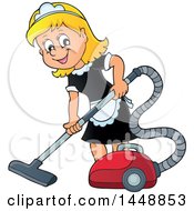 Clipart Of A Cartoon Happy Blond Maid Vacuuming Royalty Free Vector Illustration
