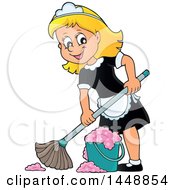 Poster, Art Print Of Cartoon Happy Blond Maid Mopping