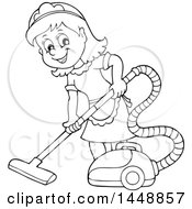 Clipart Of A Cartoon Black And White Lineart Happy Maid Vacuuming Royalty Free Vector Illustration
