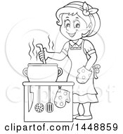 Poster, Art Print Of Cartoon Black And White Lineart Happy Housewife Cooking