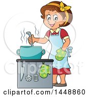 Poster, Art Print Of Cartoon Happy Brunette Housewife Cooking