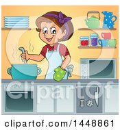 Poster, Art Print Of Cartoon Happy Brunette Housewife Cooking Soup Or Stew In A Kitchen