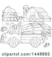 Poster, Art Print Of Black And White Lineart Barn Fence And Rabbit Hauling Giant Carrots With A Pickup Truck