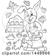 Poster, Art Print Of Black And White Lineart Rabbit Watering A Garden