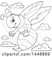 Clipart Of A Black And White Lineart Angry Wasp Royalty Free Vector Illustration