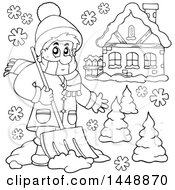 Poster, Art Print Of Black And White Lineart Man Shoveling Snow By His House