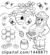 Poster, Art Print Of Black And White Lineart Bee Keeper And Bees