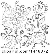 Clipart Of Black And White Lineart Butterfly Flower Snail And Beetle Royalty Free Vector Illustration by visekart