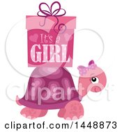 Clipart Of A Pink Tortoise Turtle With A Pink Its A Girl Gift Box Royalty Free Vector Illustration