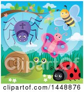 Poster, Art Print Of Spider Bee Butterfly Ladybug And Snail On A Spring Day