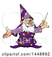 Cartoon Old Wizard Holding A Wand And Presenting