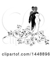 Clipart Of A Black And White Silhouetted Posing Wedding Bride And Groom Royalty Free Vector Illustration