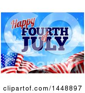 Clipart Of A 3d American Flag And Fourth Of July Text Over Blue Sky With Flares Royalty Free Vector Illustration