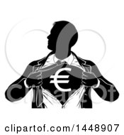 Poster, Art Print Of Black And White Silhouetted Strong Business Man Super Hero Ripping Off His Suit Revealing A Euro Currency Symbol