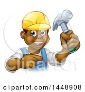 Poster, Art Print Of Cartoon Happy Black Male Carpenter Holding A Hammer And Pointing
