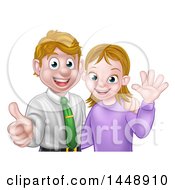 Poster, Art Print Of Cartoon Young Caucasian Couple Waving And Giving A Thumb Up