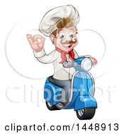 Cartoon Happy White Male Chef Gesturing Ok On A Delivery Scooter