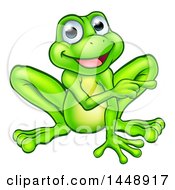 Poster, Art Print Of Cartoon Happy Green Frog Mascot Sitting And Pointing