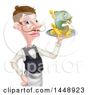 White Male Waiter Or Butler With A Curling Mustache Holding Fish And A Chips On A Tray