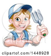 Poster, Art Print Of Cartoon Happy White Female Gardener In Blue Holding A Garden Fork And Pointing