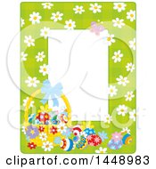 Poster, Art Print Of Vertical Green Gingham Background Frame Border With Daisy Flowers A Butterfly And Easter Basket With Eggs