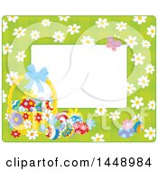 Poster, Art Print Of Horizontal Green Gingham Background Frame Border With Daisy Flowers A Butterfly And Easter Basket With Eggs