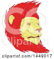 Poster, Art Print Of Drawing Sketch Styled Male Lion Head With A Red Mane