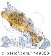 Clipart Graphic Of A Drawing Sketch Styled Jumping Trout Fish And Water Royalty Free Vector Illustration