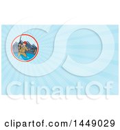 Poster, Art Print Of Cartoon Man Fly Fishing In A Mountainous Lake Circle And Blue Rays Background Or Business Card Design