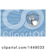 Clipart Of A Crusader Knight Holding A Sword In A Shield And Blue Rays Background Or Business Card Design Royalty Free Illustration