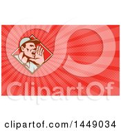 Poster, Art Print Of Retro Worker Holding Up His Hand And Shouting In A Diamond And Red Rays Background Or Business Card Design