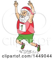 Poster, Art Print Of Cartoon Santa Claus Running A Marathon Holding His Arms Up In The Air
