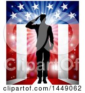 Poster, Art Print Of Silhouetted Full Length Male Military Veteran Saluting Over An American Themed Flag And Bursts