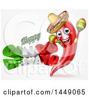 Poster, Art Print Of 3d Mexican Flag Colored Happy Cinco De Mayo Text Design With A Chile Pepper Mascot Holding Maracas