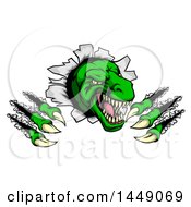 Poster, Art Print Of Cartoon Green Tyrannosaurus Rex Dinosaur Slashing Through A Barrier
