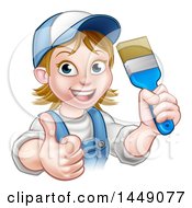 Clipart Graphic Of A Cartoon Happy White Female Painter In A Baseball Cap Holding Up A Thumb And Brush Royalty Free Vector Illustration