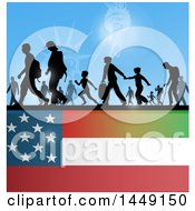Crowd Of Silhouetted Immigrants Over An American Flag
