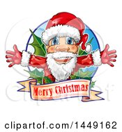 Poster, Art Print Of Happy Christmas Santa Claus Over A Greeting With Holly