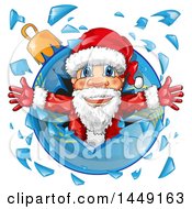 Poster, Art Print Of Happy Christmas Santa Claus Breaking Through A Glass Bauble