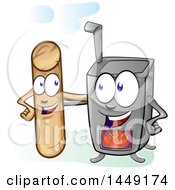 Clipart Graphic Of A Cartoon Fire Pellet Mascot And Stove Royalty Free Vector Illustration