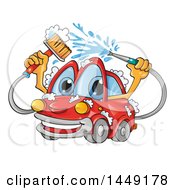 Poster, Art Print Of Cartoon Happy Red Car Mascot Washing Itself