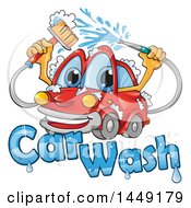 Poster, Art Print Of Cartoon Happy Red Car Mascot Washing Itself Over Text